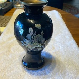 Vintage Mother of Pearl Inlay black enamel and brass floral. 7.5 inches tall.